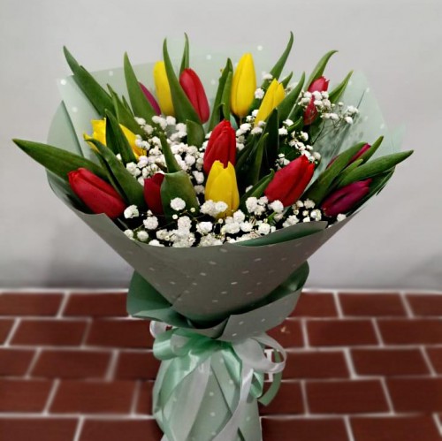 Тюльпан 21 шт с гипсофилой